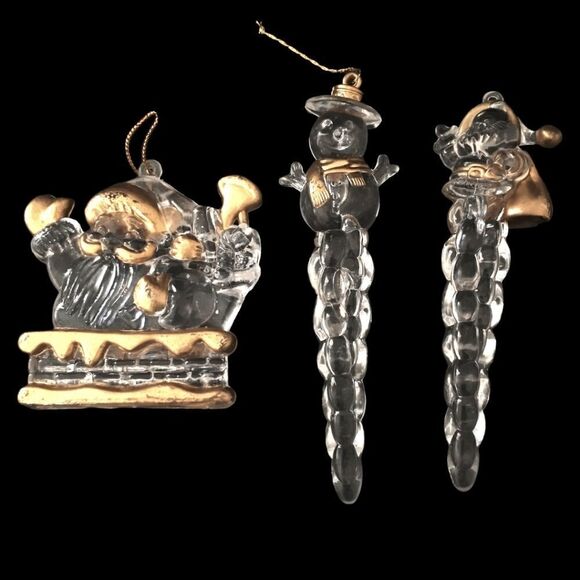 Acrylic Icicle Ornaments Lot x 3 Snowman Santa Claus Gold Trimmed Clear Lucite. - Picture 3 of 16